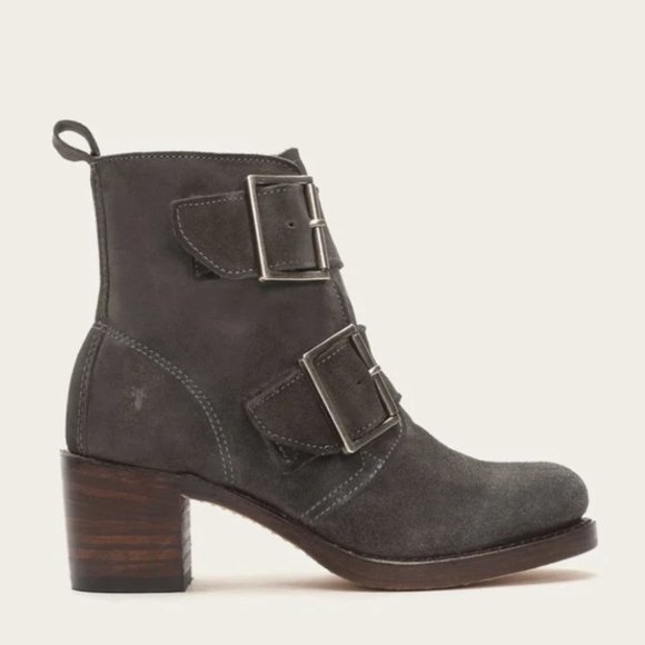Frye Shoes - $399 Frye Sabrina Double Buckle Academia Grey Suede Leather Block Heel AnkleBoot